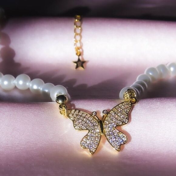 NEW Choker pave & gold 🦋 butterfly pearl necklace - Picture 2 of 4